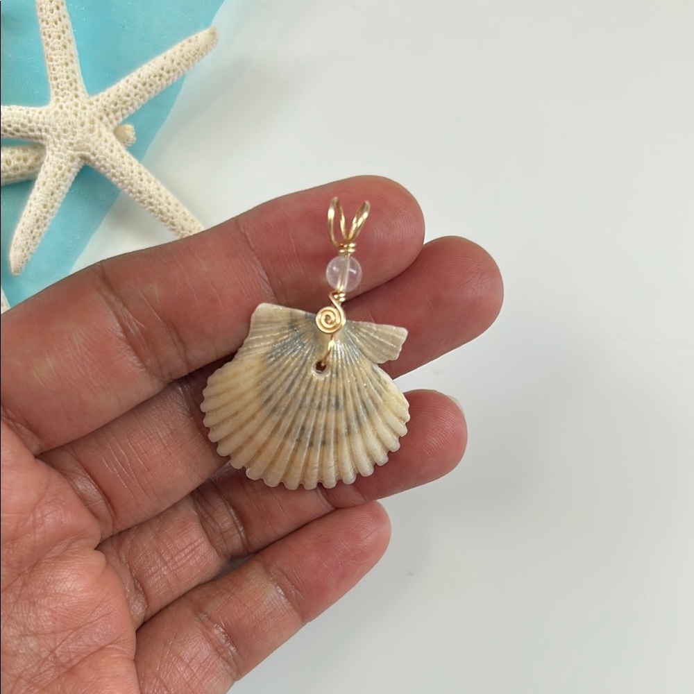 Cream Calico Seashell with Crystal Quartz Gemstone Pendant
